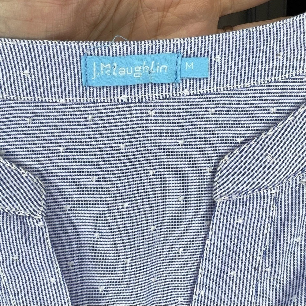 J.McLaughlin Womens Blue White Pinstripe Dotted Cotton Blouse Split Neck Size M - Picture 3 of 6